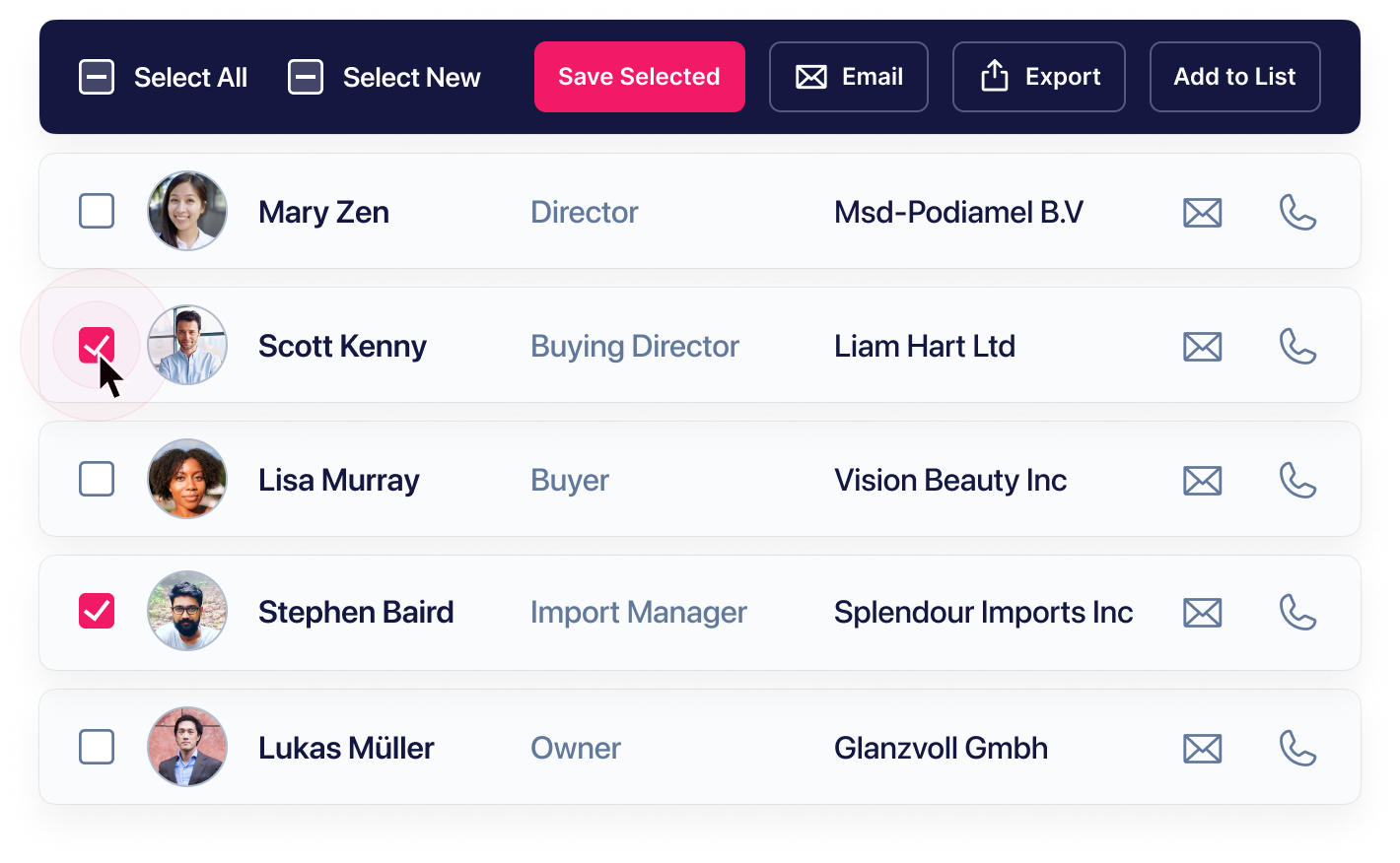 Illustration of selected business contacts and list and export actions
